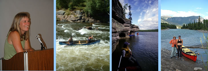 Collage of Laurel speaking, white water and canoes